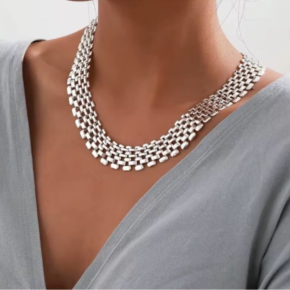 Silver Textured Multi-Row Chain Choker Necklace - image 2